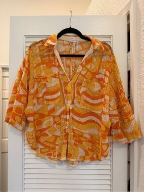 Urban Outfitters Out from Under Orange & White Mesh Cover Up Button-Down Top